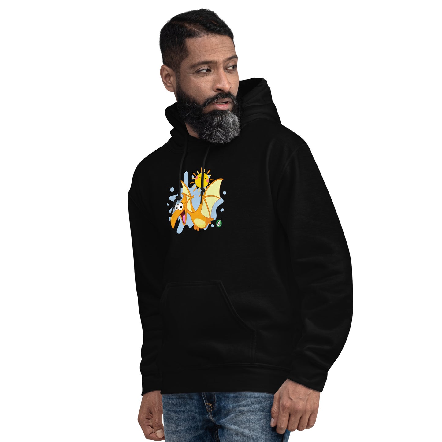 A man standing wearing a black hoodie with a printed graphic of a smiling cartoon dinosaur and the sun. Designed by Wizard Prints.