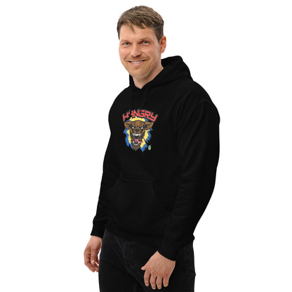 A man standing wearing a black hoodie by Wizard Prints featuring a printed graphic of an angry wolf and the word, Hangry.