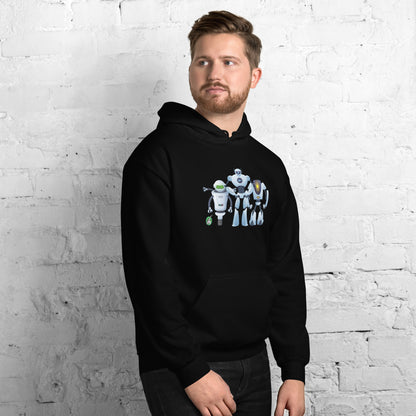 A man standing wearing a black hoodie with a printed graphic of three cartoon robots, designed by Wizard Prints