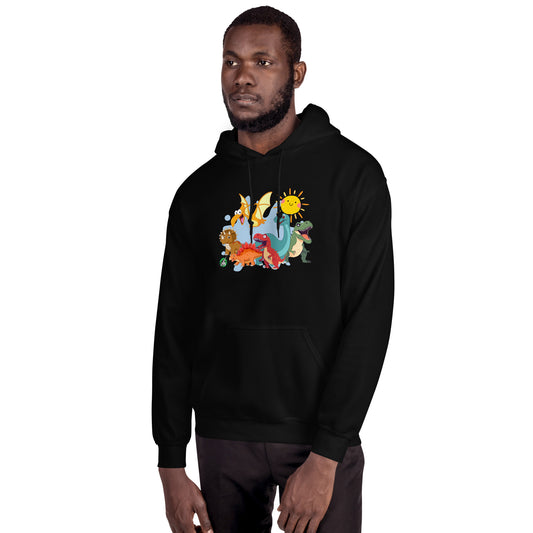 A man standing wearing a black hoodie with a printed graphic of different colorful dinosaur types and the sun. Designed by Wizard Prints.