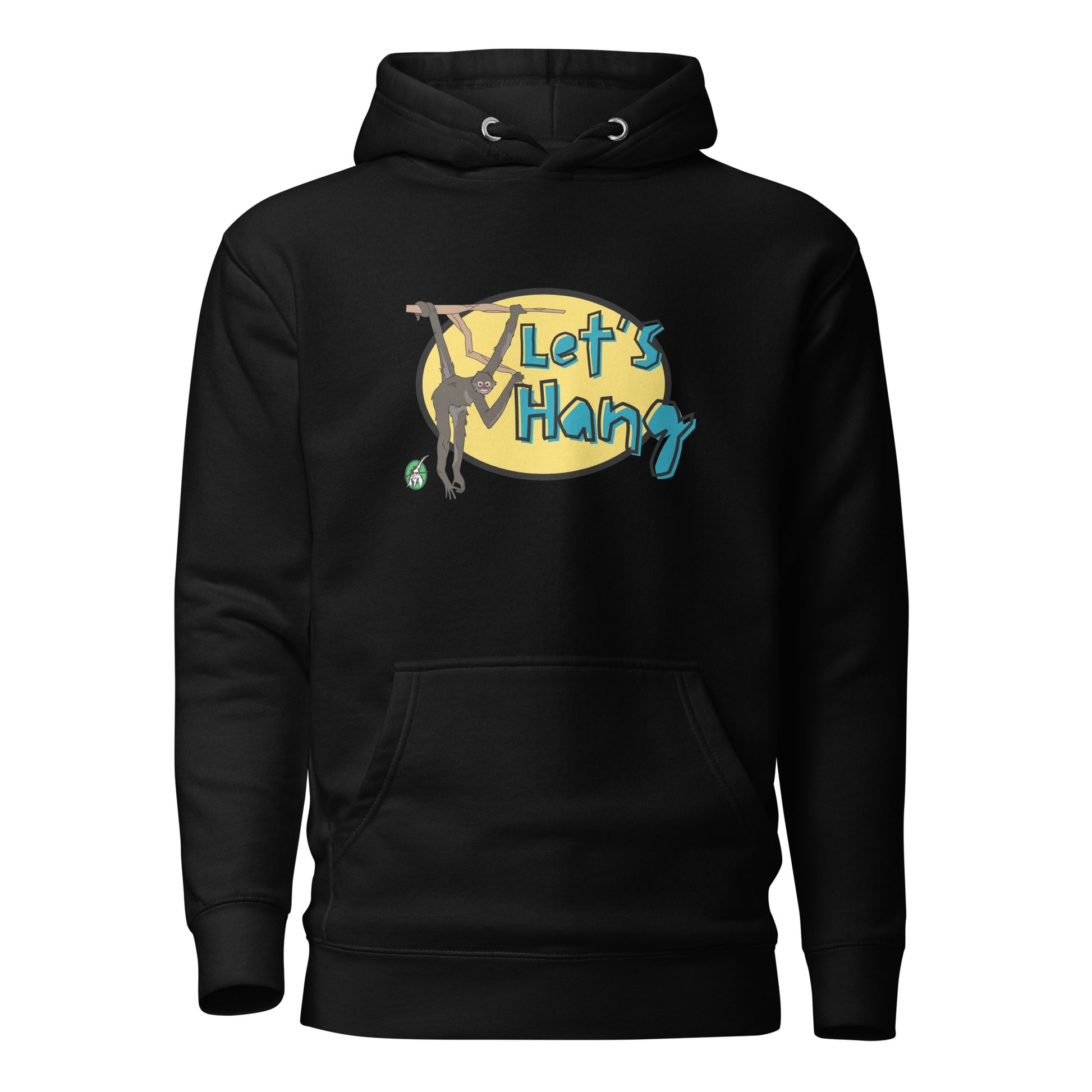 Men's black hoodie with a printed graphic of a monkey hanging on a branch with the words, Let's Hang. Designed by Wizard Prints.
