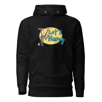 Men's black hoodie with a printed graphic of a monkey hanging on a branch with the words, Let's Hang. Designed by Wizard Prints.