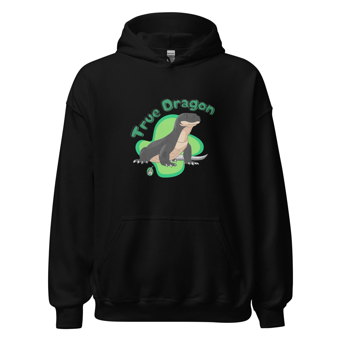 Men's black hoodie with a printed graphic of a komodo dragon and the words, True Dragon. Designed by Wizard Prints.