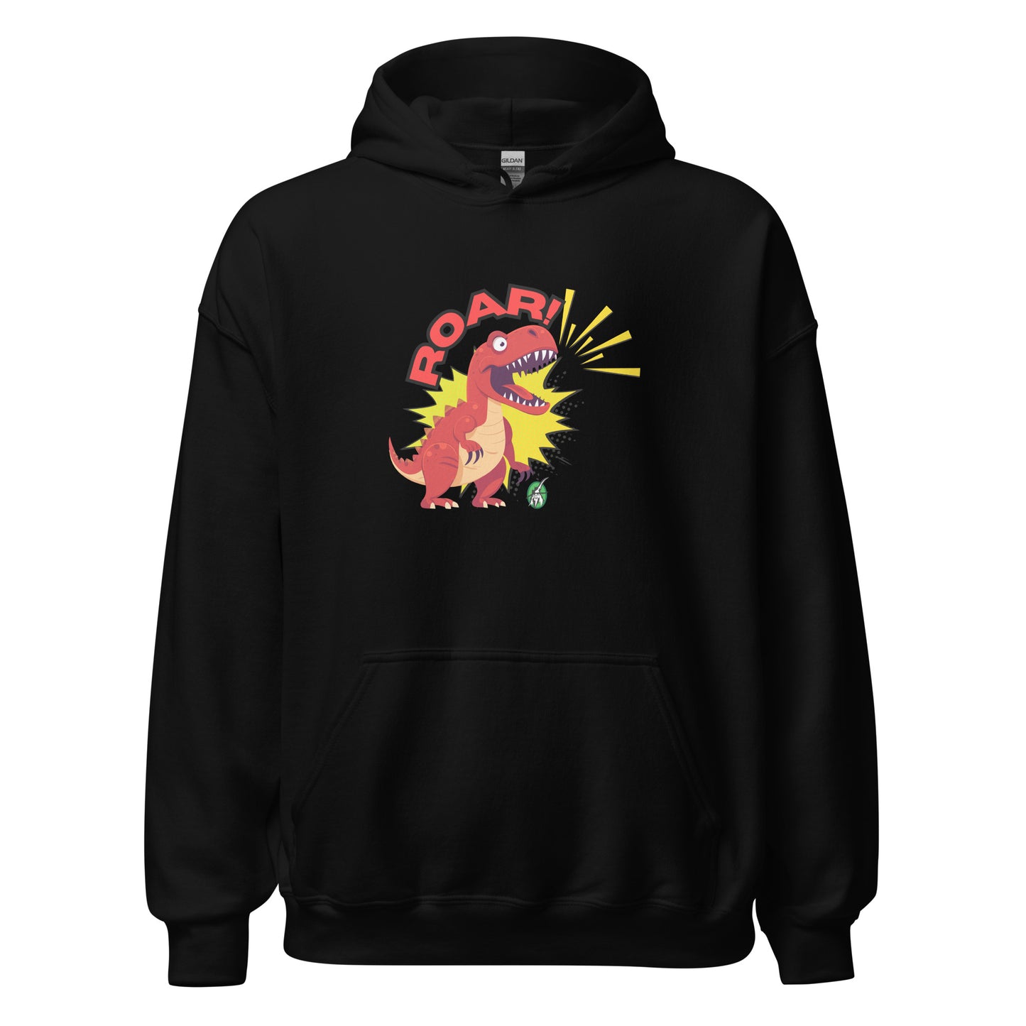 Men's black hoodie with a printed graphic of a red roaring cartoon dinosaur and the word Roar! Designed by Wizard Prints