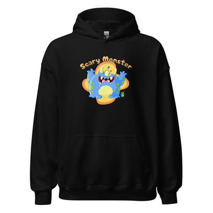 Men's black hoodie with a printed graphic of a cartoon monster and the words, Scary Monster. Designed by Wizard Prints.