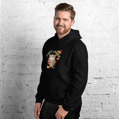 A man standing wearing a black hoodie by Wizard Prints featuring a printed graphic of a shrugging cartoon bear and the words, C'est La Vie.