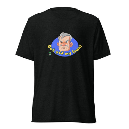 Men's black tee shirt with a printed graphic of an old man's grumpy face with the words, Get Off My Lawn. Designed by Wizard Prints