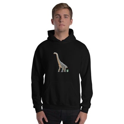A man standing wearing a black hoodie with a printed graphic of a life like dinosaur, designed by Wizard Prints
