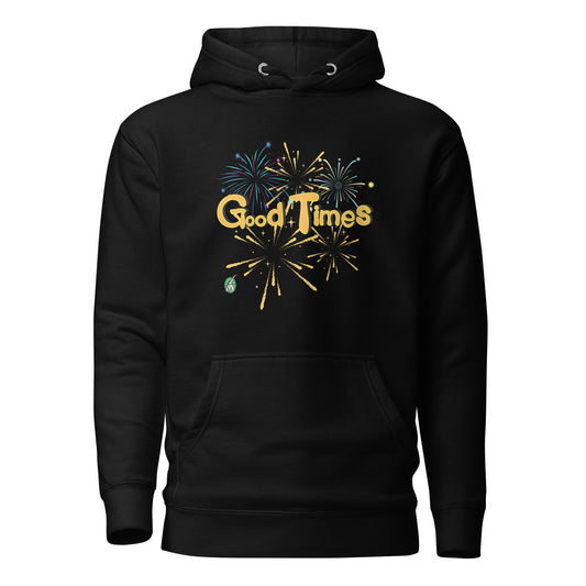 Men's black hoodie with a printed graphic of fireworks with the words, 'Good Times'. Designed by Wizard Prints