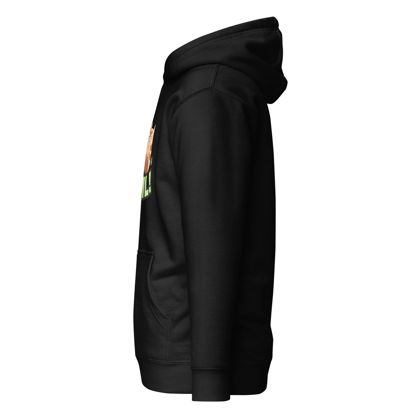 Side view of a men's black hoodie by Wizard Prints Shop