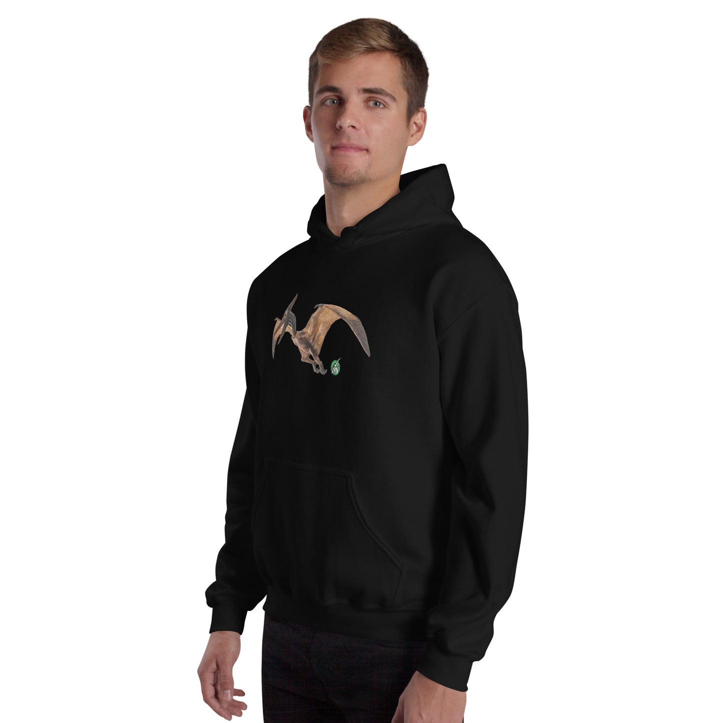 A man standing wearing a black hoodie with a printed graphic of a life like dinosaur. Designed by Wizard Prints.
