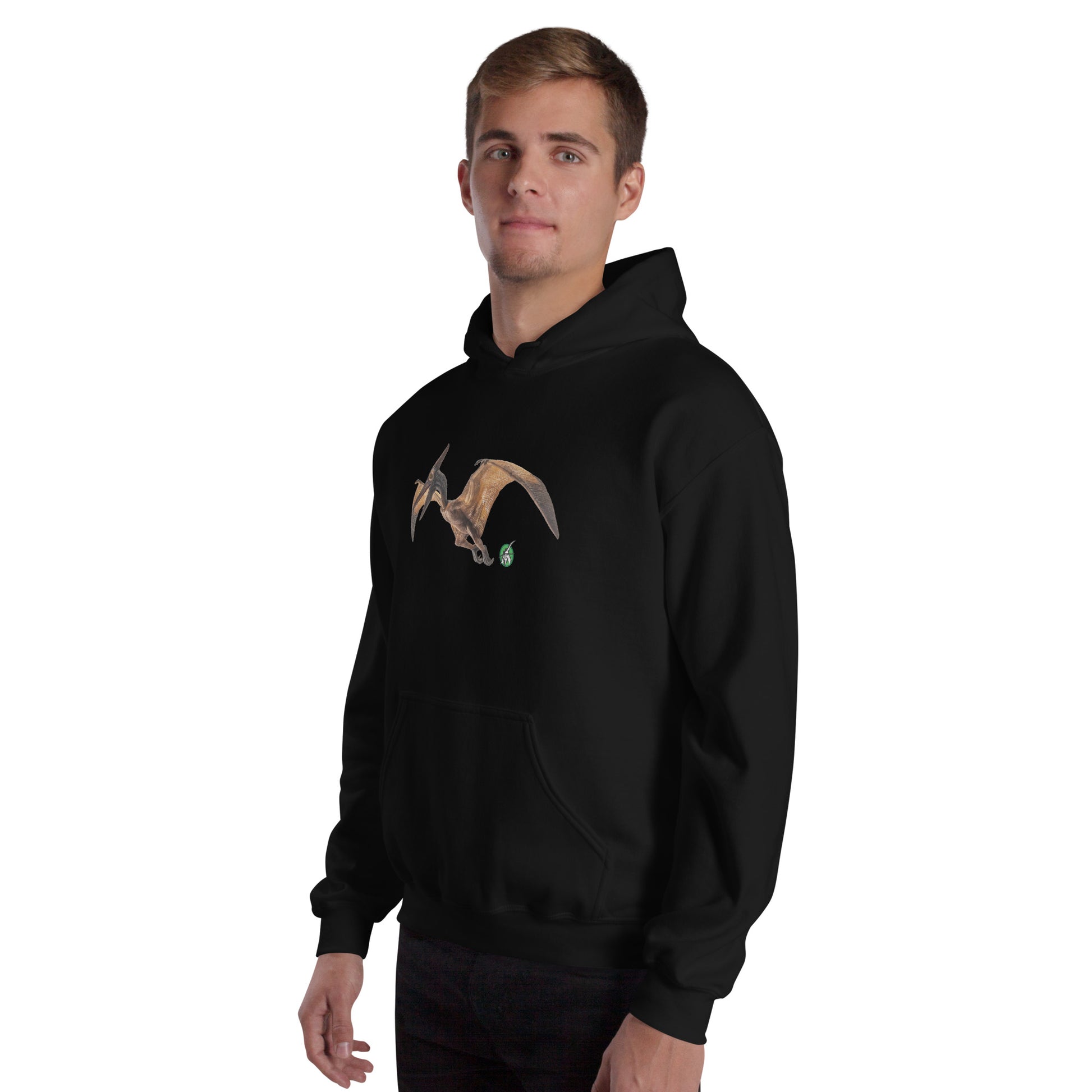 A man standing wearing a black hoodie with a printed graphic of a life like dinosaur. Designed by Wizard Prints.