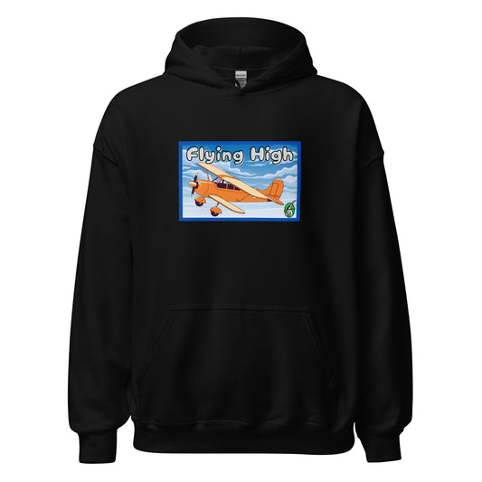 Men's black hoodie with the printed graphic of a vintage airplane and the words, Flying High, by Wizard Prints.