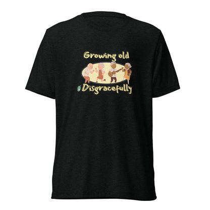 Men's black t-shirt by Wizard Prints featuring a printed graphic of a group of old people dancing and the words, Growing Old Disgracefully.