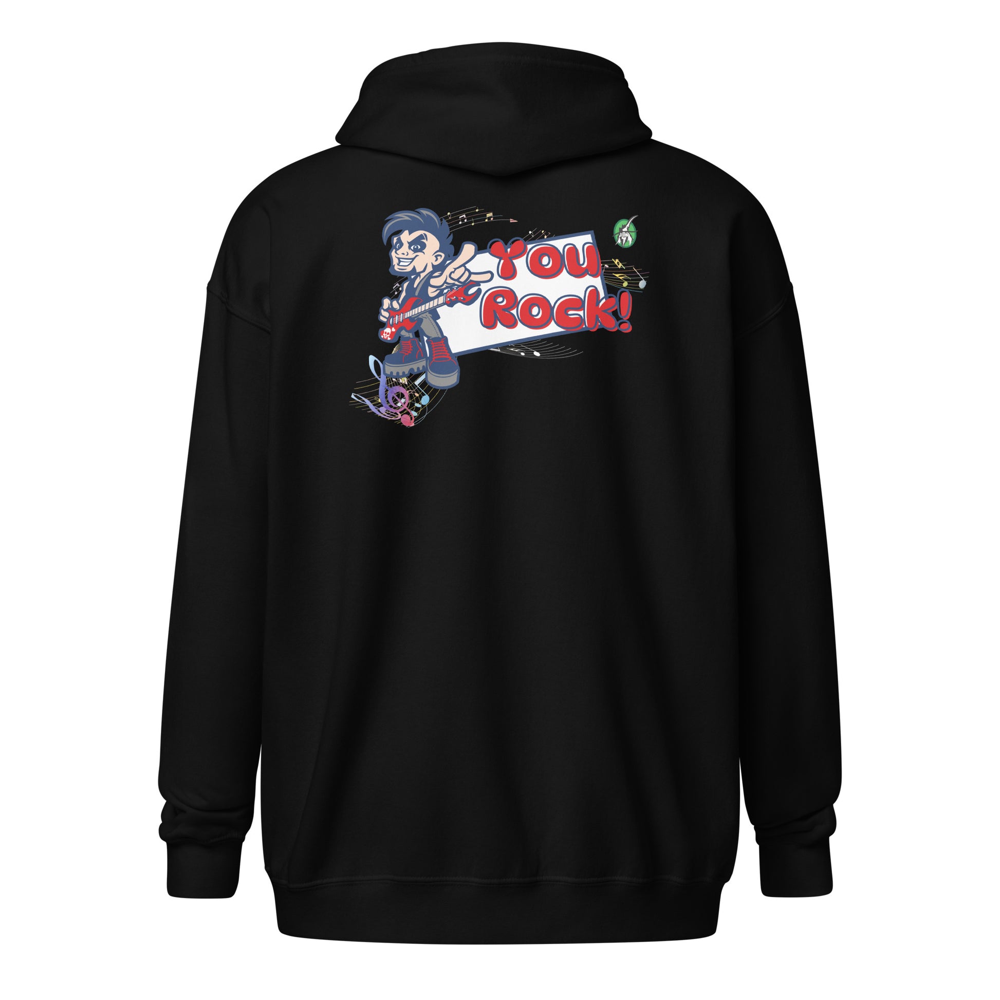 Men's black blue zip through hoodie with a graphic on the back of the a dude playing guitar saying 'You Rock!' by Wizard Prints