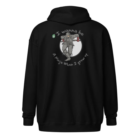 Men's black zip through hoodie with a graphic on the back of a ninja wearing grey against a white circle with the words, I wanna be a ninja when I grow up, by Wizard Prints
