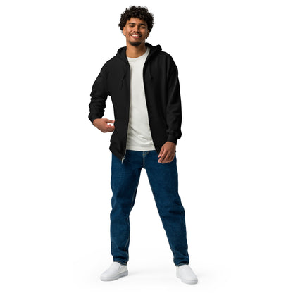 A man standing wearing a black zip through hoodie by Wizard Prints Shop and jeans