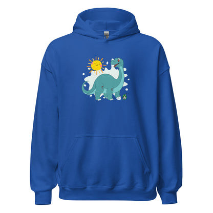 Men's blue hoodie with a printed graphic of a smiling cartoon dinosaur and the sun. Designed by Wizard Prints.