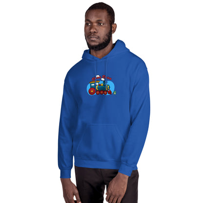 A man standing wearing a blue hoodie with a printed graphic of a cartoon train and the words 'Choo Choo'. Designed by Wizard Prints