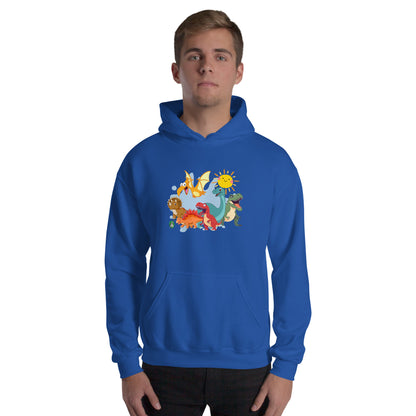 A man standing wearing a blue hoodie with a printed graphic of different colorful dinosaur types and the sun. Designed by Wizard Prints.