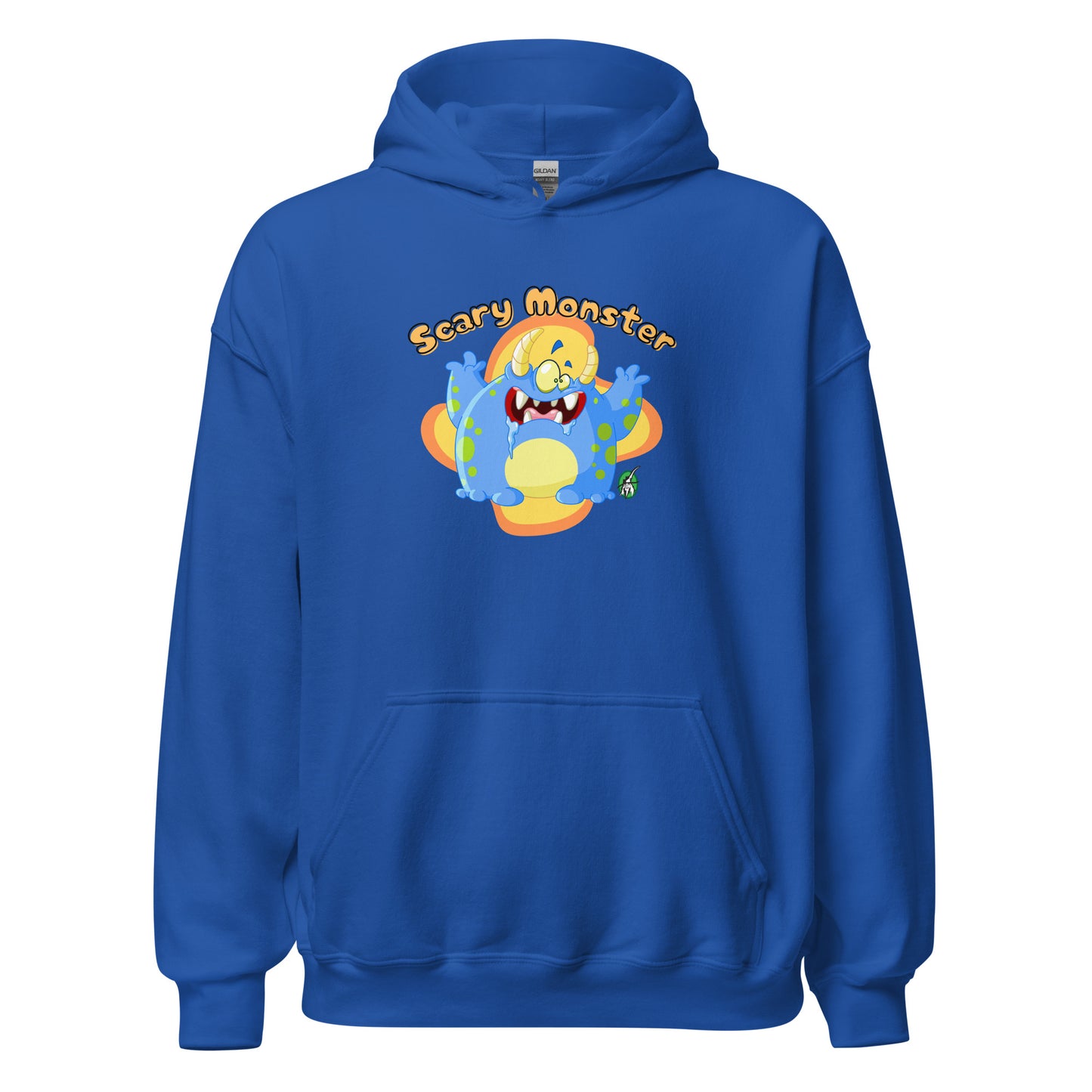 Men's blue hoodie with a printed graphic of a cartoon monster and the words, Scary Monster. Designed by Wizard Prints.