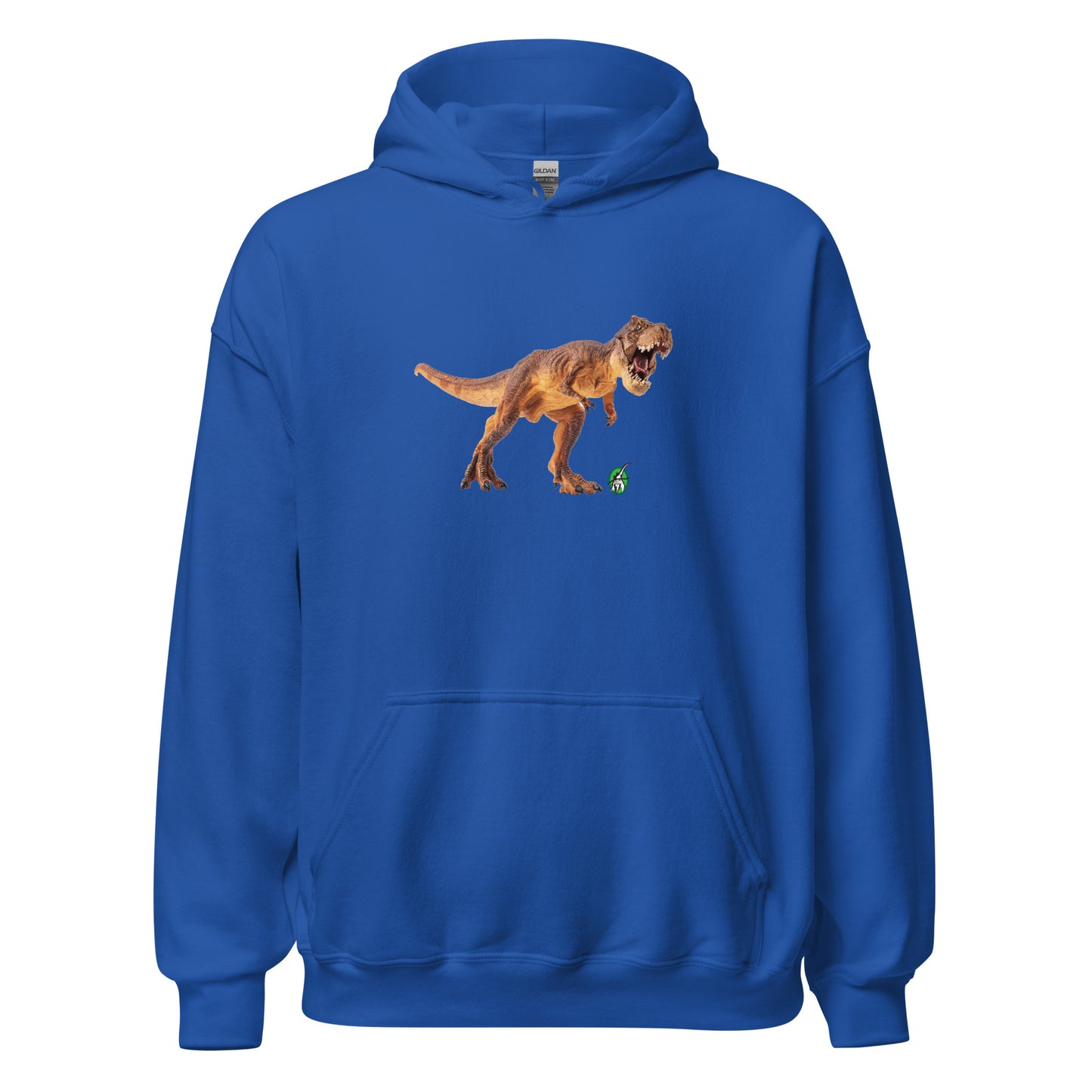 Men's blue hoodie with a printed graphic of a life like dinosaur. Designed by Wizard Prints.