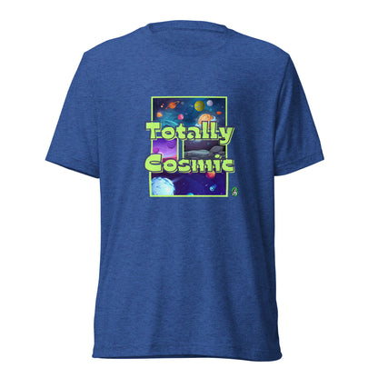 Men's blue t-shirt by Wizard Prints featuring a printed graphic of colorful planets in the background with the words “Totally Cosmic” on top.