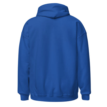 Back view of a men's blue hoodie by Wizard Prints Shop.
