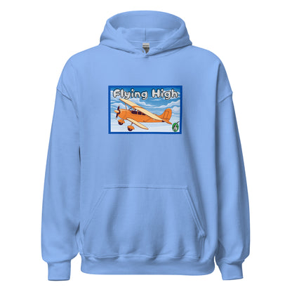 Men's blue hoodie with the printed graphic of a vintage airplane and the words, Flying High, by Wizard Prints