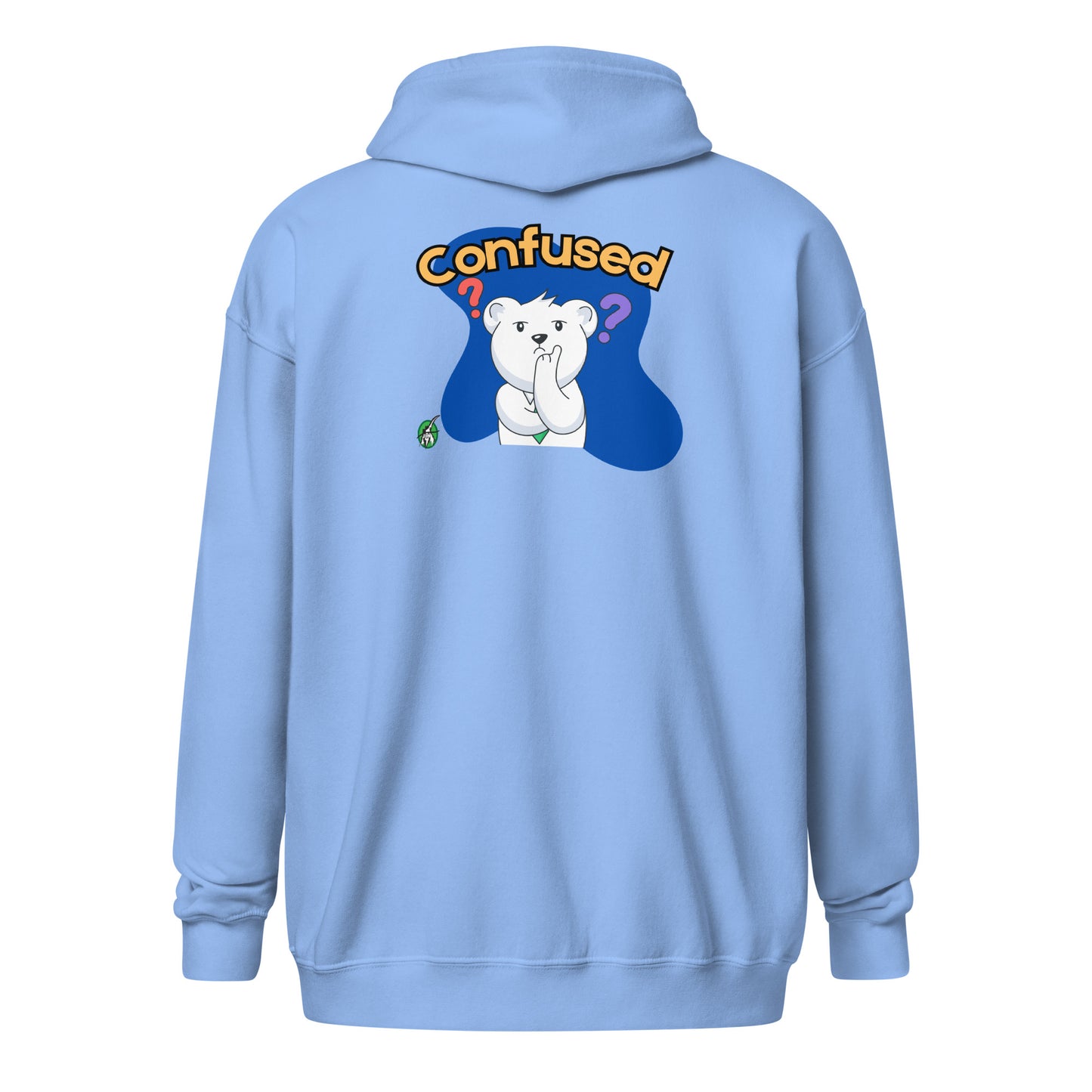 Men's blue zip-through hoodie with a funny confused bear graphic by Wizard Prints