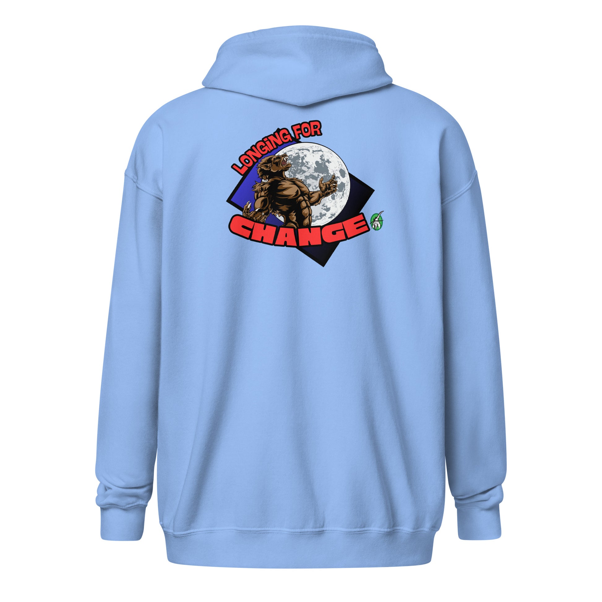 Men's blue zip through hoodie with a graphic on the back of a werewolf growling at the moon with the words, 'longing for change' by Wizard Prints