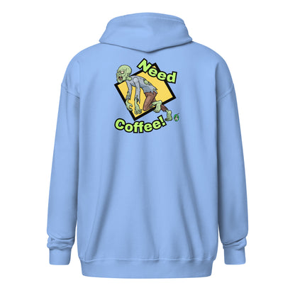 Men's blue zip-through hoodie with a funny graphic of a zombie saying, 'Need Coffee' by Wizard Prints