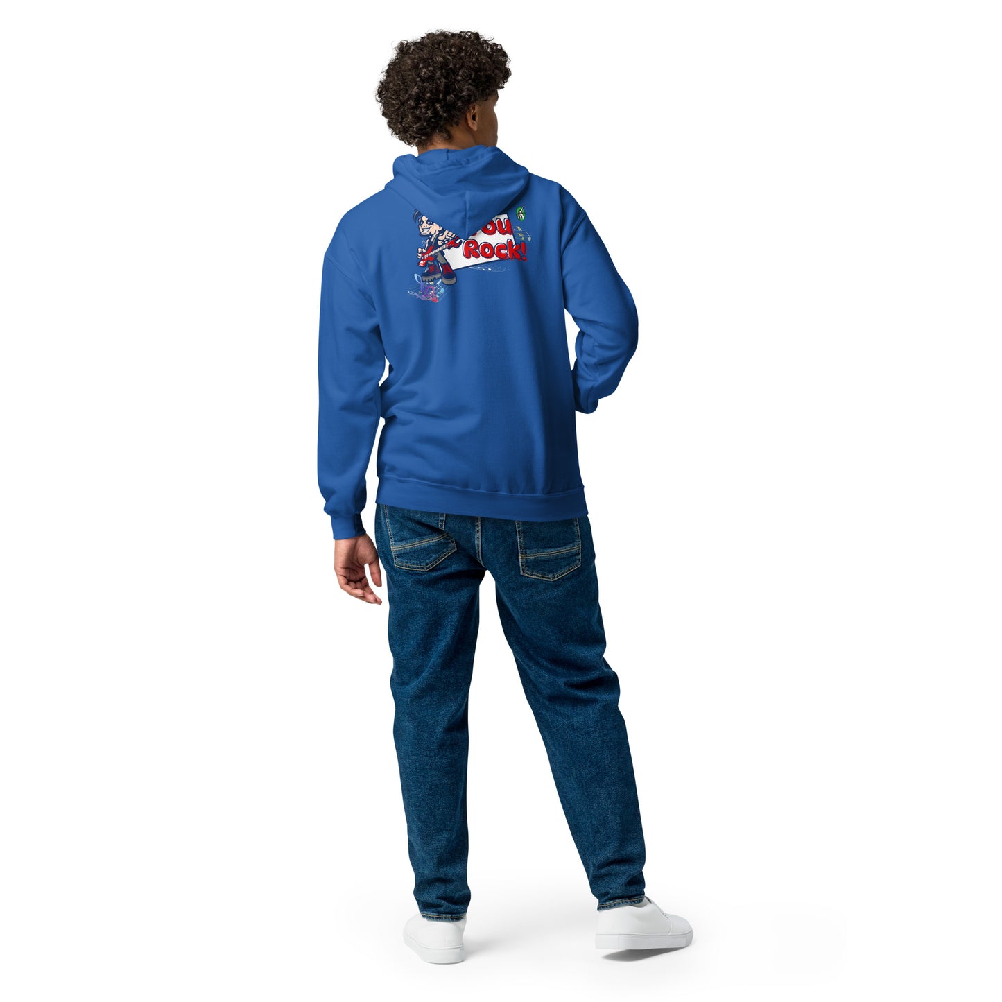 Men's bright blue zip through hoodie with a graphic on the back of the a dude playing guitar saying 'You Rock!' by Wizard Prints