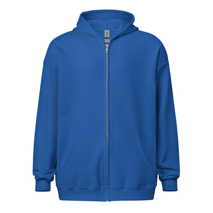Front view of a men's bright blue zip through hoodie by Wizard Prints Shop