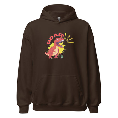 Men's brown hoodie with a printed graphic of a red roaring cartoon dinosaur and the word Roar! Designed by Wizard Prints