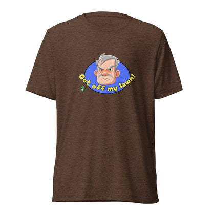 Men's brown tee shirt with a printed graphic of an old man's grumpy face with the words, Get Off My Lawn. Designed by Wizard Prints