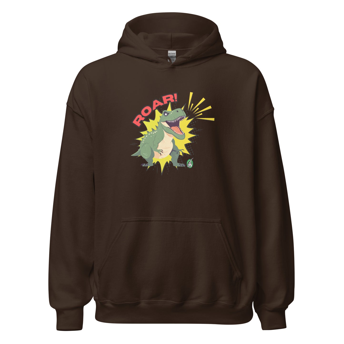 Men's brown hoodie with a printed graphic of a green roaring cartoon dinosaur and the word Roar! Designed by Wizard Prints