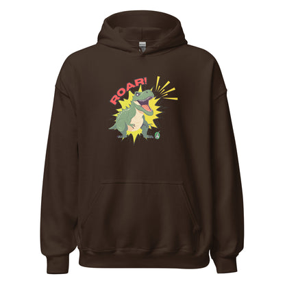 Men's brown hoodie with a printed graphic of a green roaring cartoon dinosaur and the word Roar! Designed by Wizard Prints