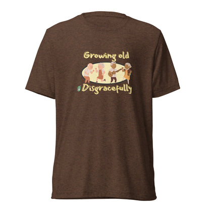 Men's brown t-shirt by Wizard Prints featuring a printed graphic of a group of old people dancing and the words, Growing Old Disgracefully.