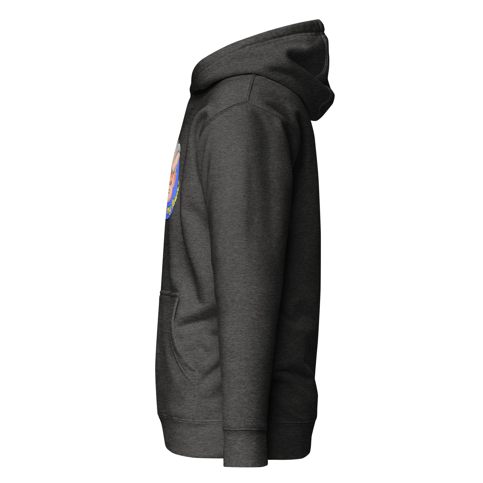 Side view of a men's charcoal hoodie by Wizard Prints Shop