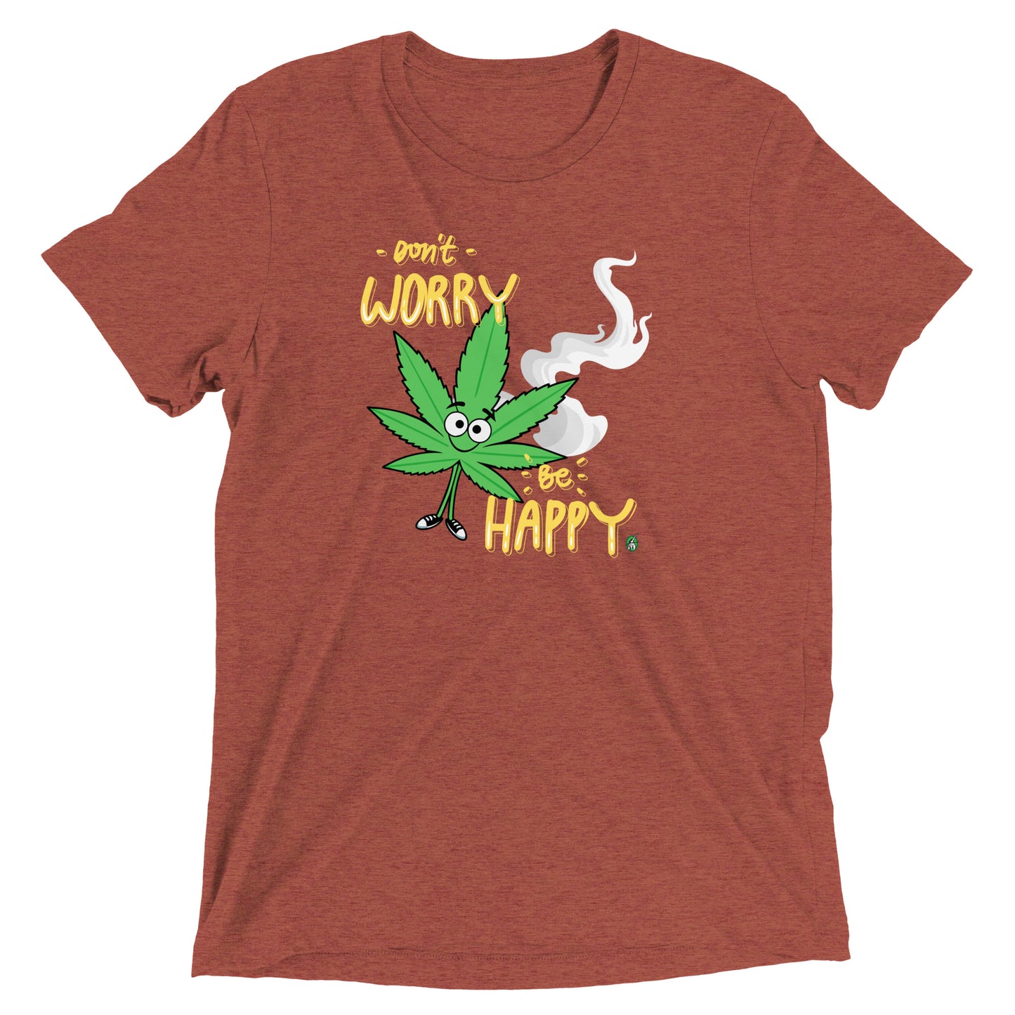 Men's festival graphic t-shirt in brown from Wizard Prints Shop with the slogan, Don't Worry Be Happy and the image of a marijuana leaf with a smiley face