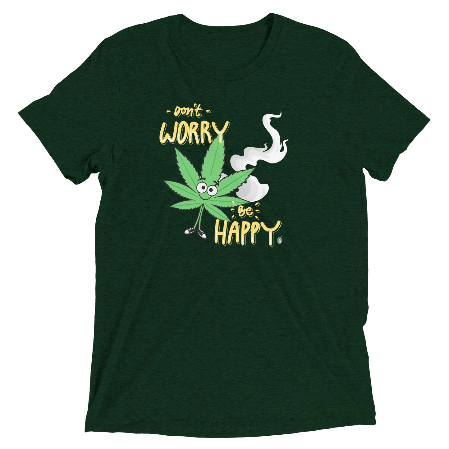 Men's festival graphic t-shirt in green from Wizard Prints Shop with the slogan, Don't Worry Be Happy and the image of a marijuana leaf with a smiley face