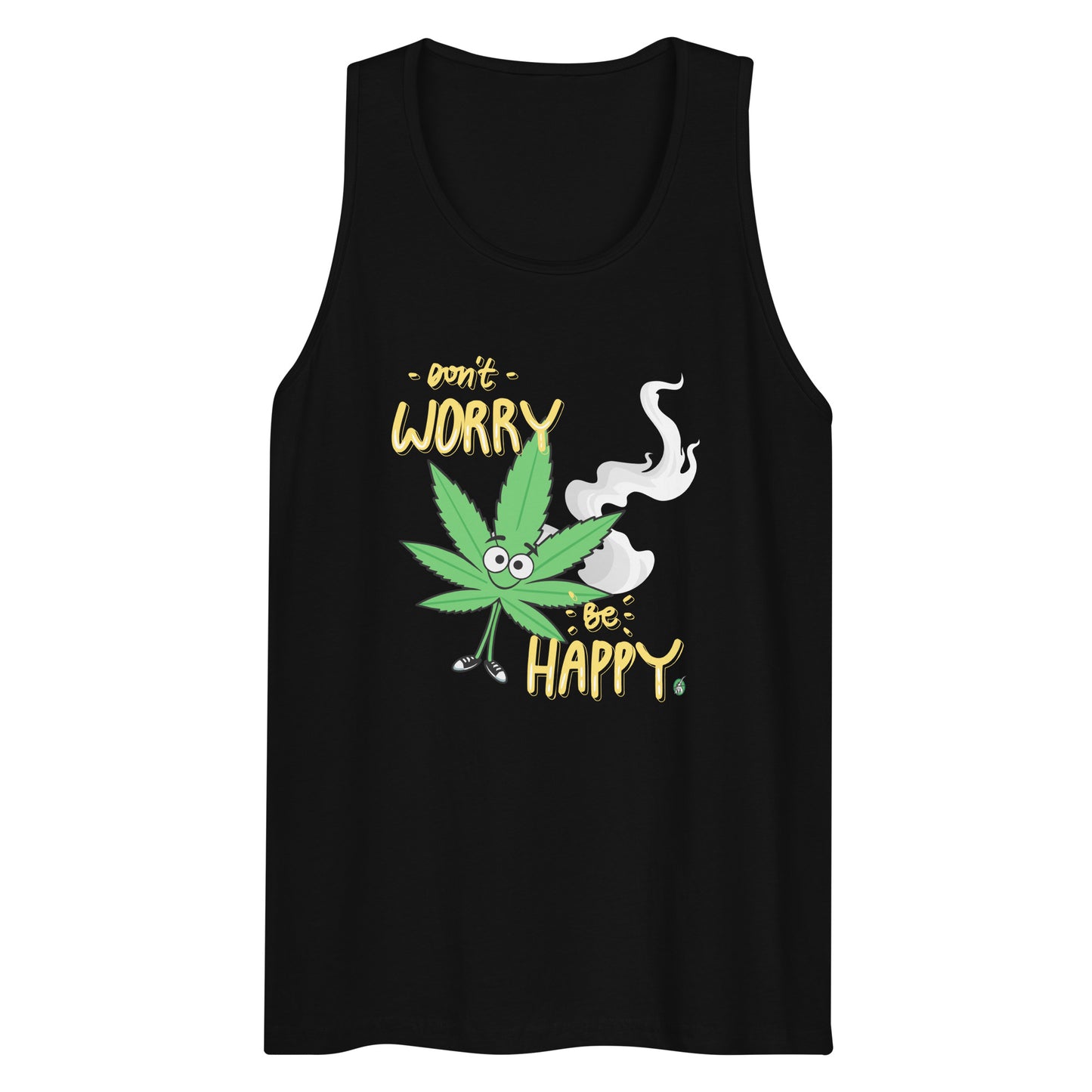 Men's festival graphic tank top in black from Wizard Prints Shop with the slogan, Don't Worry Be Happy and the image of a marijuana leaf with a smiley face