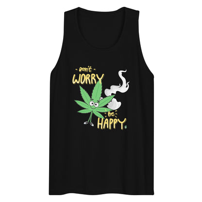 Men's festival graphic tank top in black from Wizard Prints Shop with the slogan, Don't Worry Be Happy and the image of a marijuana leaf with a smiley face