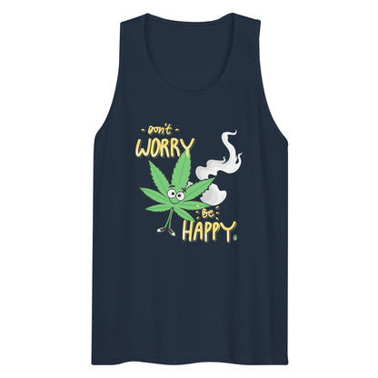 Men's festival graphic tank top in navyfrom Wizard Prints Shop with the slogan, Don't Worry Be Happy and the image of a marijuana leaf with a smiley face