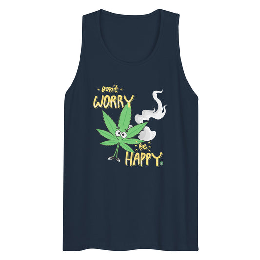 Men's festival graphic tank top in navyfrom Wizard Prints Shop with the slogan, Don't Worry Be Happy and the image of a marijuana leaf with a smiley face