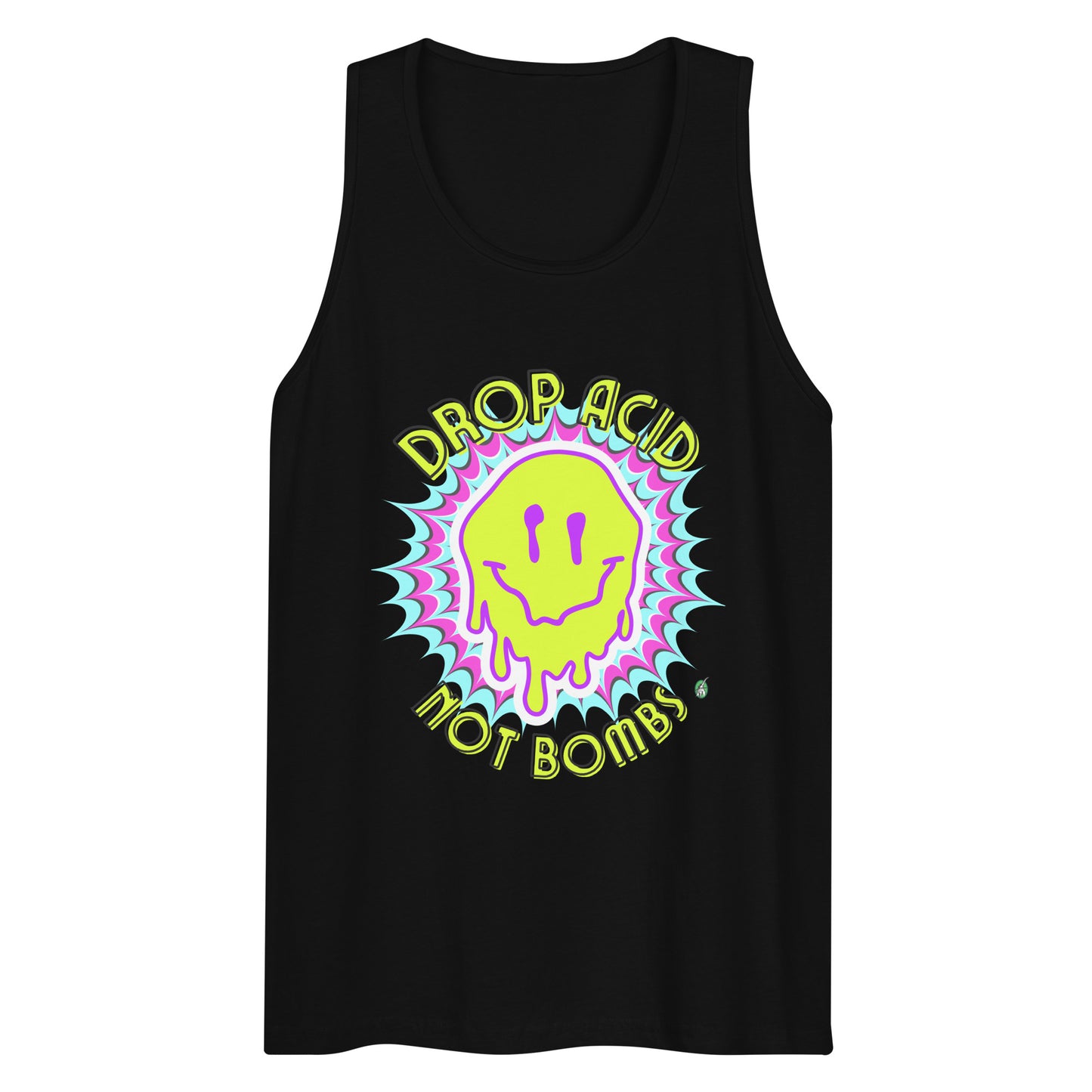 Men's festival graphic tank top in black from Wizard Prints Shop with the slogan, Drop Acid Not Bombs and the image of squiggly smiley face in bright colours