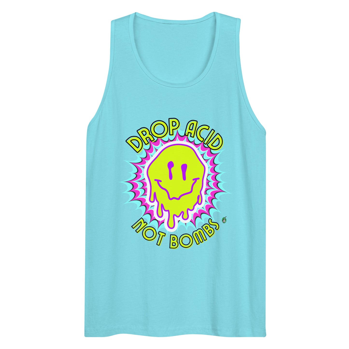 Men's festival graphic tank top in blue from Wizard Prints Shop with the slogan, Drop Acid Not Bombs and the image of squiggly smiley face in bright colours