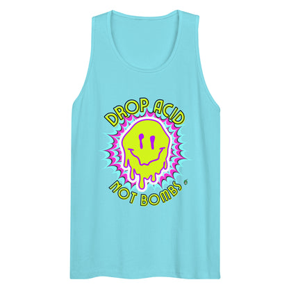 Men's festival graphic tank top in blue from Wizard Prints Shop with the slogan, Drop Acid Not Bombs and the image of squiggly smiley face in bright colours