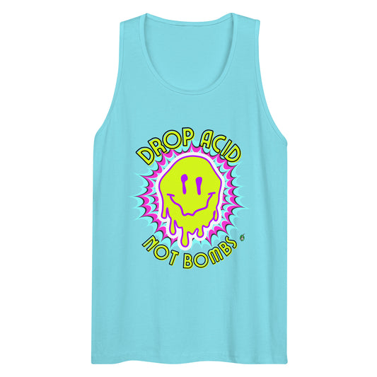 Men's festival graphic tank top in blue from Wizard Prints Shop with the slogan, Drop Acid Not Bombs and the image of squiggly smiley face in bright colours